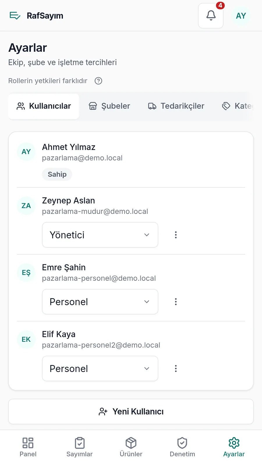 Ayarlar: ekip, roller ve PIN ile hızlı giriş.