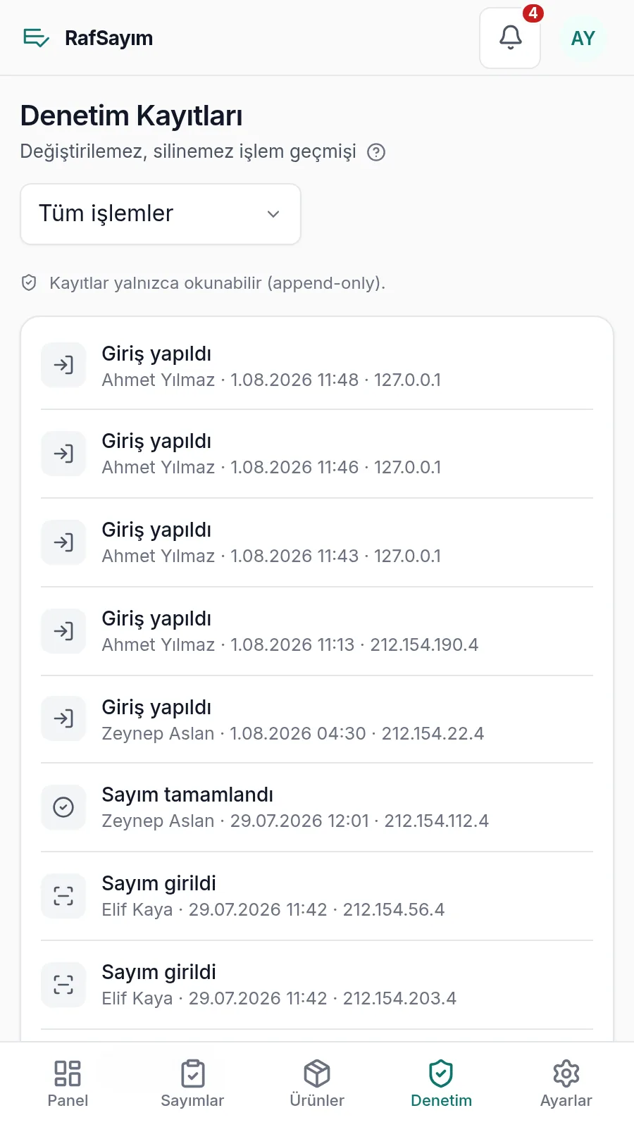 Denetim izi: kim, ne zaman, hangi işlemi yaptı.