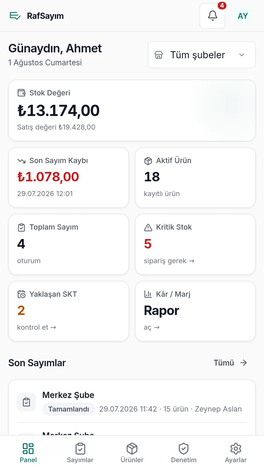 RafSayım paneli: stok değeri, son sayım kaybı, kritik stok ve son sayımlar.
