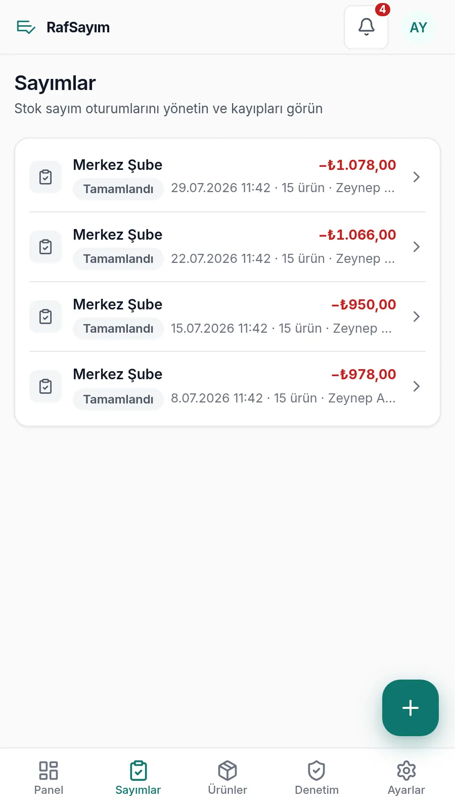 Sayımlar listesi: her satırda şube, durum ve kayıp tutarı.